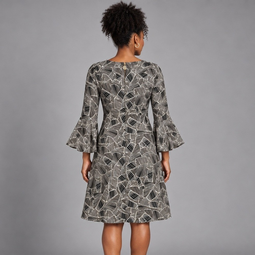 Tommy Hilfiger Womens 6 Black White Palm Leaf Botanical Bell Sleeve Shift Dress - Picture 3 of 16